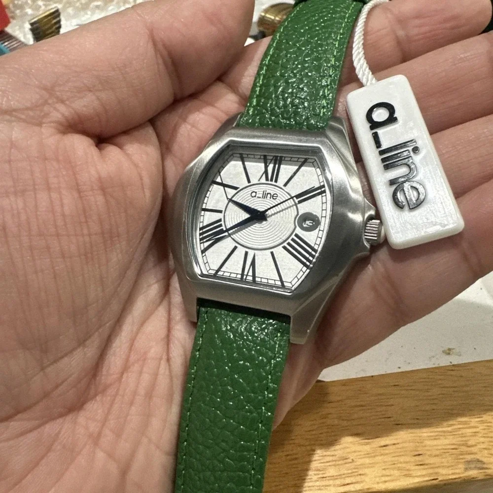 Works A Line Womens Watch Green Leather Strap Silver Tone 42mm Fit 8 -Never Worn